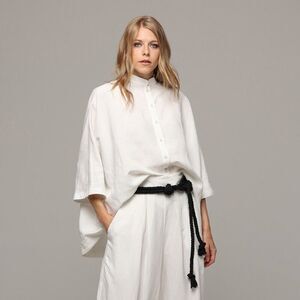 Ozai N Ku white viscose linen oversized short sleeve button down collarless top